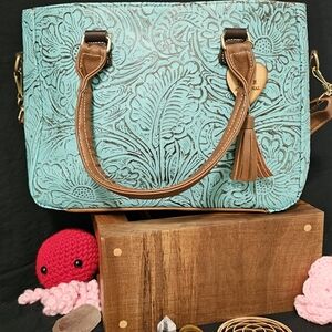 Elegant Floral Embossed Turquoise Handbag